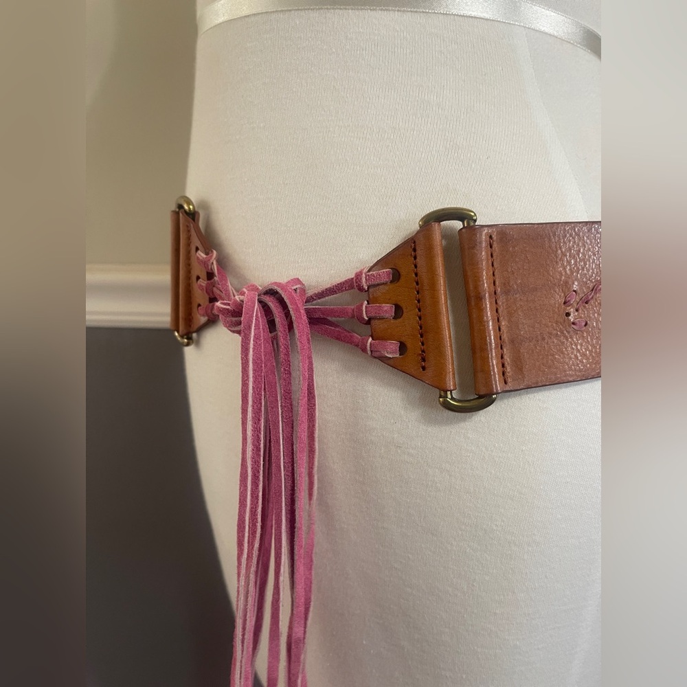 Boho Brown and Pink Embroidered Leather Tassel Tie Belt - Picture 3 of 3
